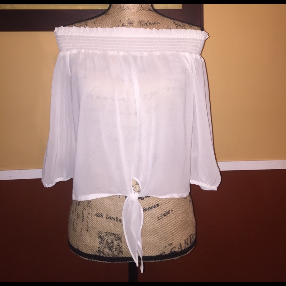 White off shoulder mesh top