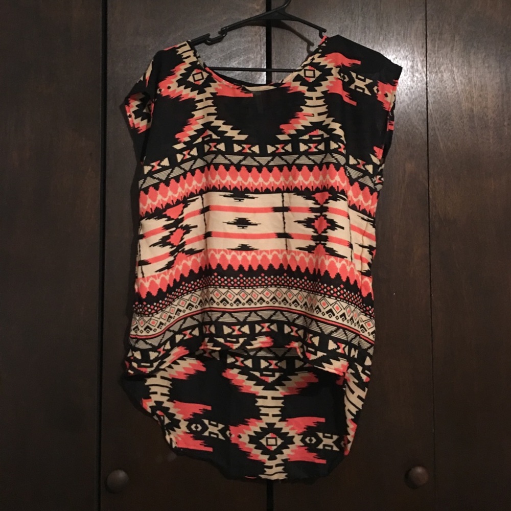 Tribal print high low sheer spring summer blouse