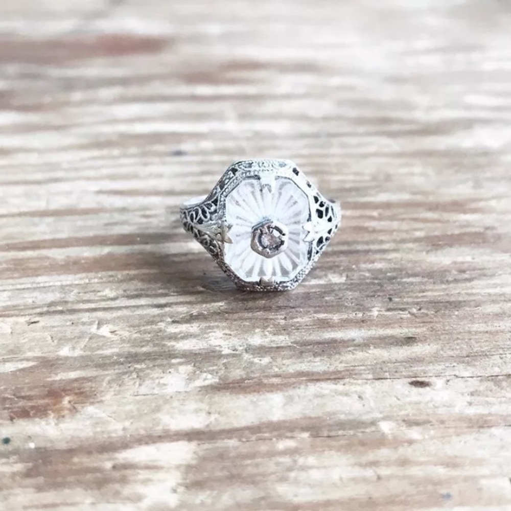 Antique Art Deco Sterling Camphor Glass Ring Sz 6
