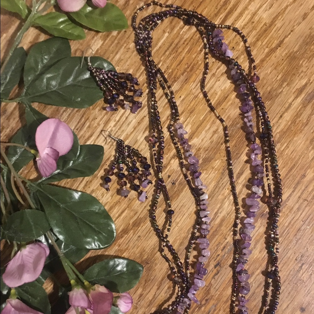 Purple Beaded Necklace & Earring Set