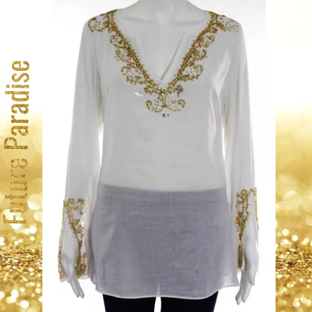FUTURE PARADISE Sheer Elegant Wht/Gold Beaded Top