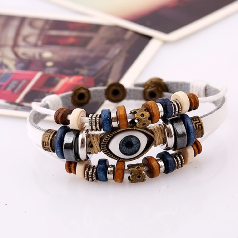 Evil Eye White Leather & Rope Boho Bracelet