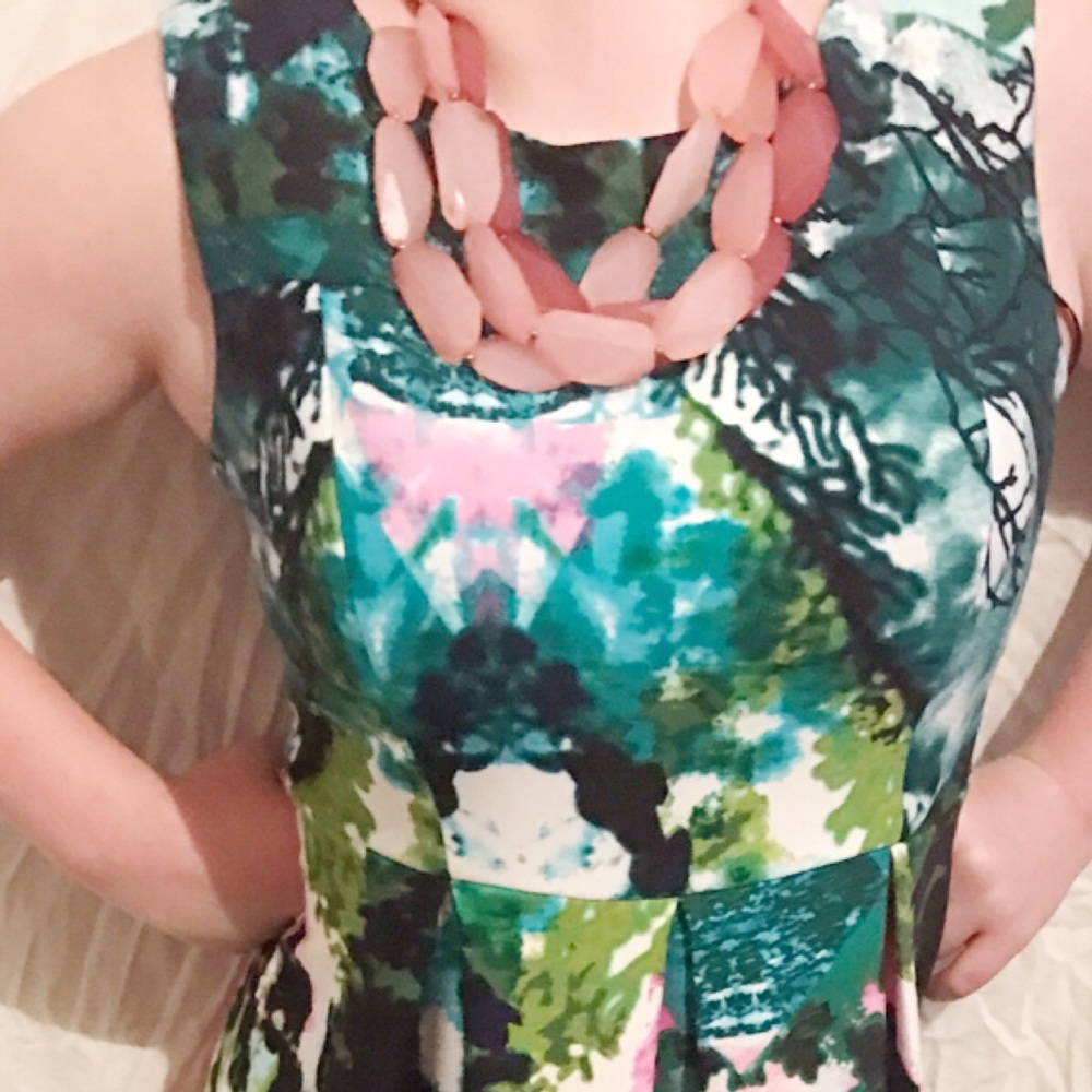 Bold watercolor print green pink teal dress