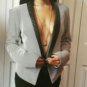 Pinstripe leather trim blazer