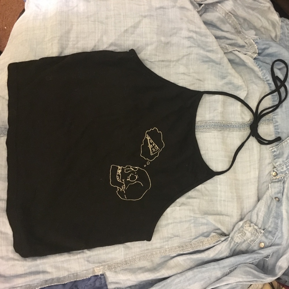 Skull Thinking About Pizza Halter Crop Top