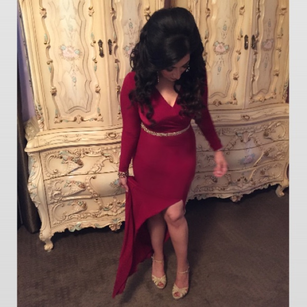 Red Long Sleeve Slit Dress