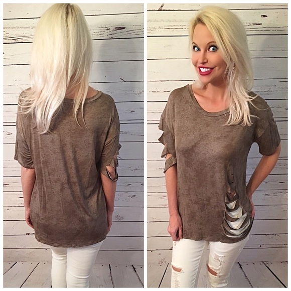 Washed Ladder Cutout Knit Top in Mocha LAST 2 - Picture 2 of 2