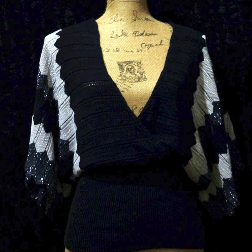 vintage Kimono short sleeve black and silver chevron sweater