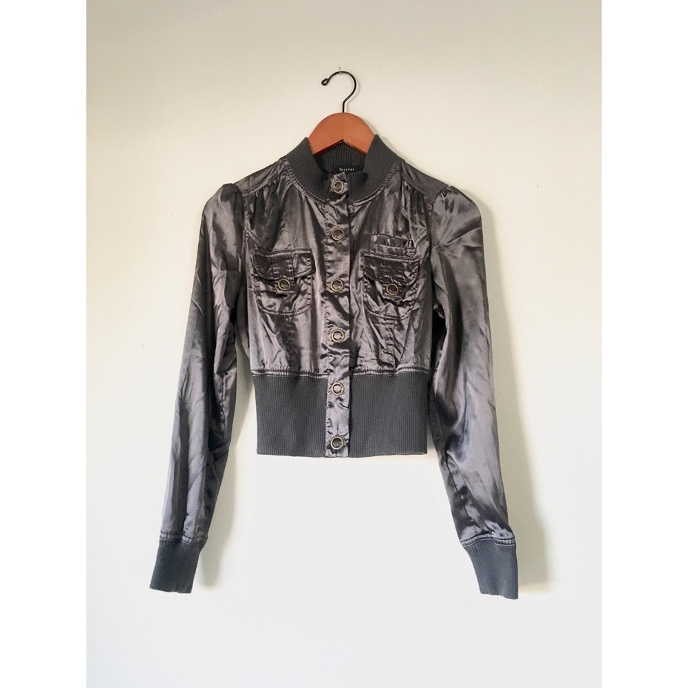 Grey Cropped Bomber Jacket