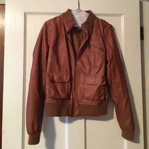 Tan leather faux leather bomber jacket