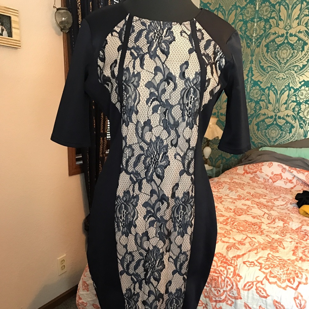 Navy and cream lace dress.