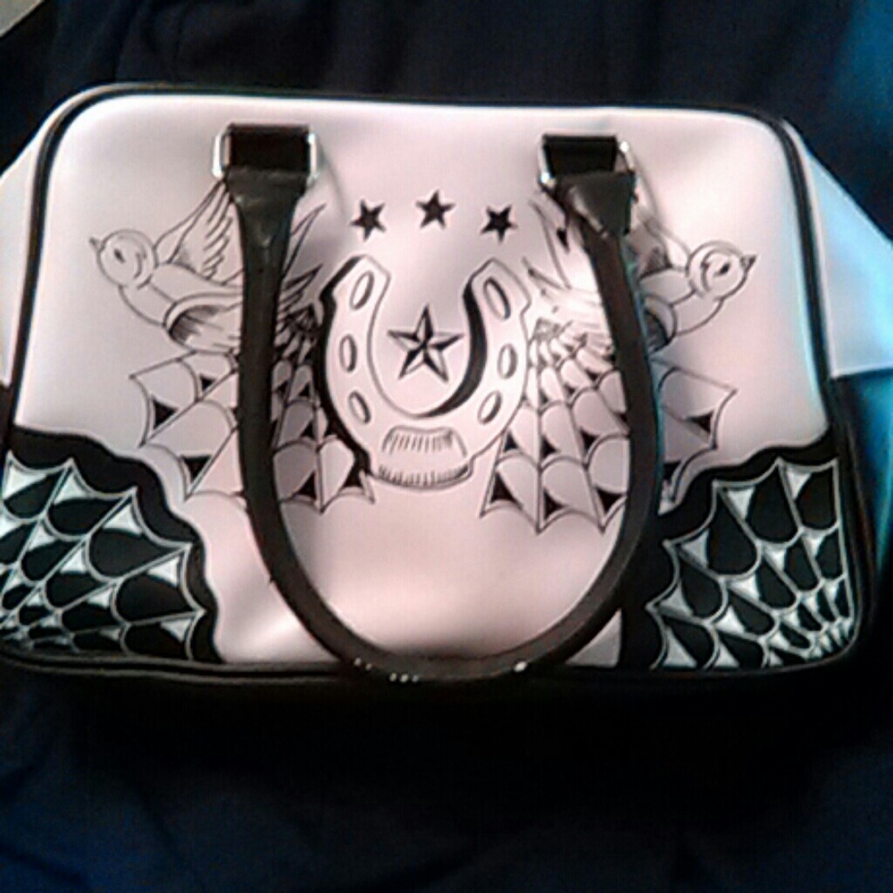 Black and pink leather horseshoe bag/ Rockabilly