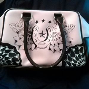 Black and pink leather horseshoe bag/ Rockabilly