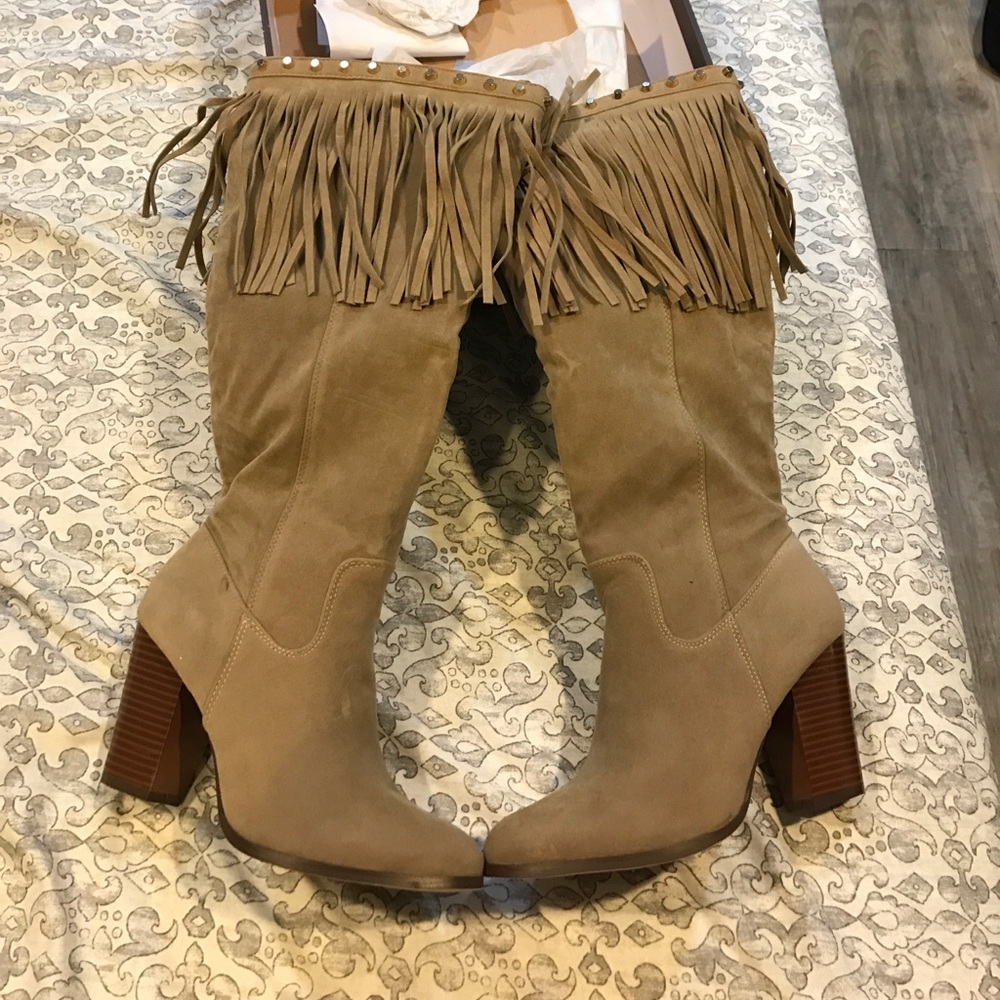 Tan suede fringe boots