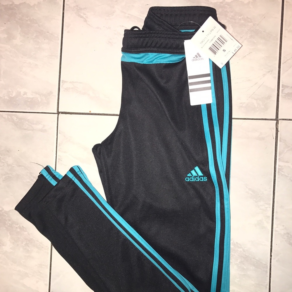 Adidas Women's Pants Black With Turquoise Stripes