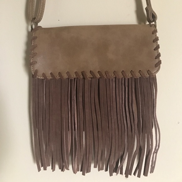 SOLD Suede & Leather Brown Fringe Crossbody Purse - Picture 1 of 7