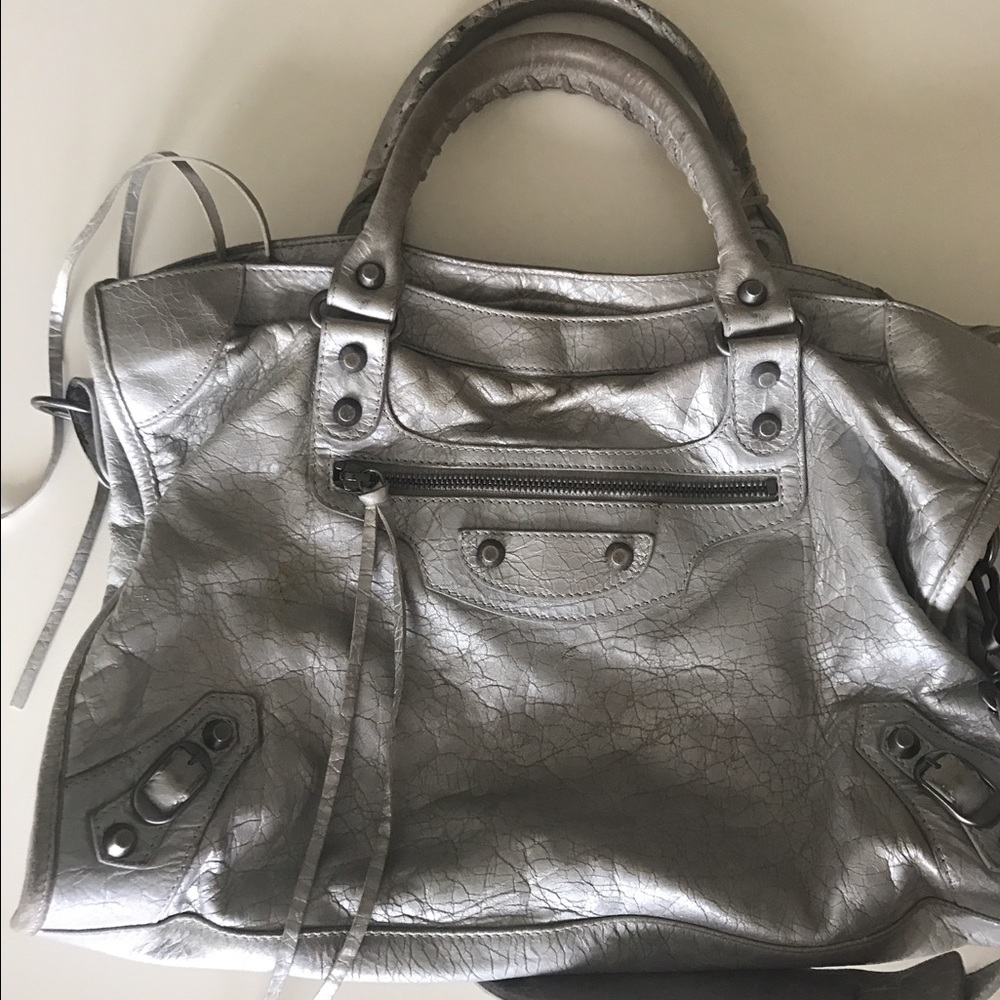 Authentic Balenciaga silver metallic moto city bag