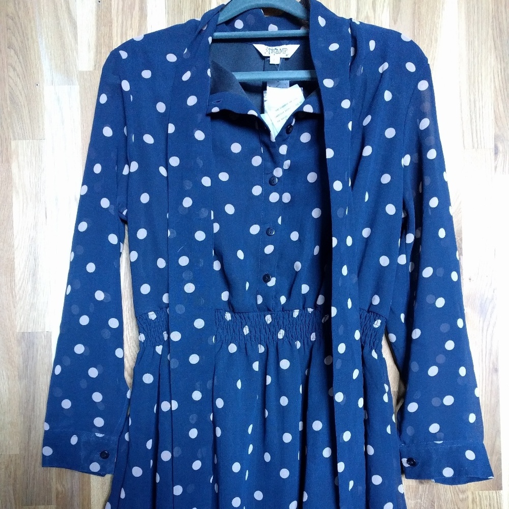 Blue dress with nude polka dots