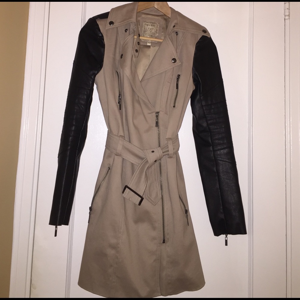 Chic Leather & Khaki Trench Coat
