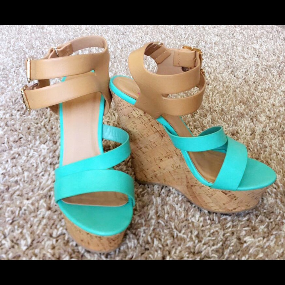 Aqua/Tan Women's Wedges. NWOT.