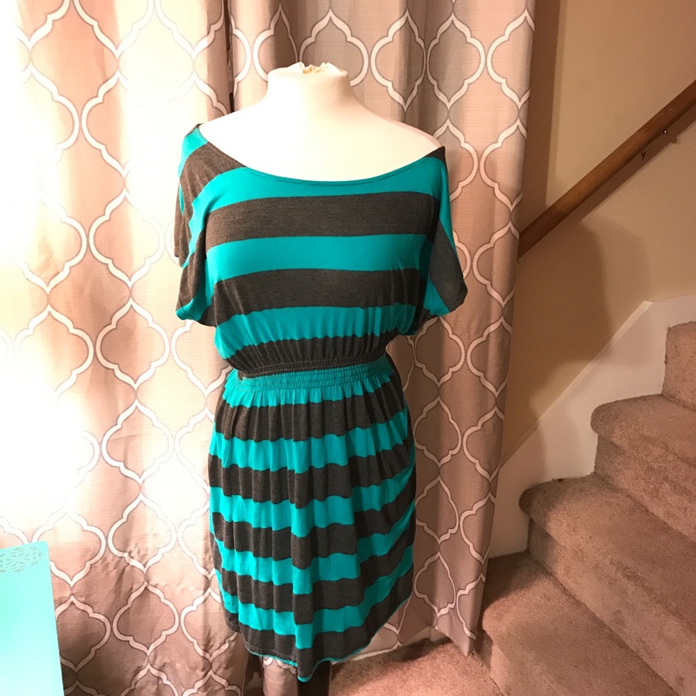 One Clothing teal/green and black stripped dress