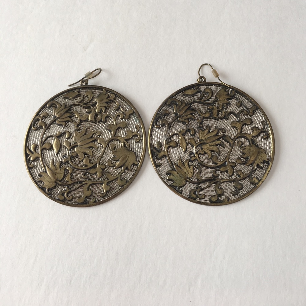 Large round gold and silver disc drop earrings