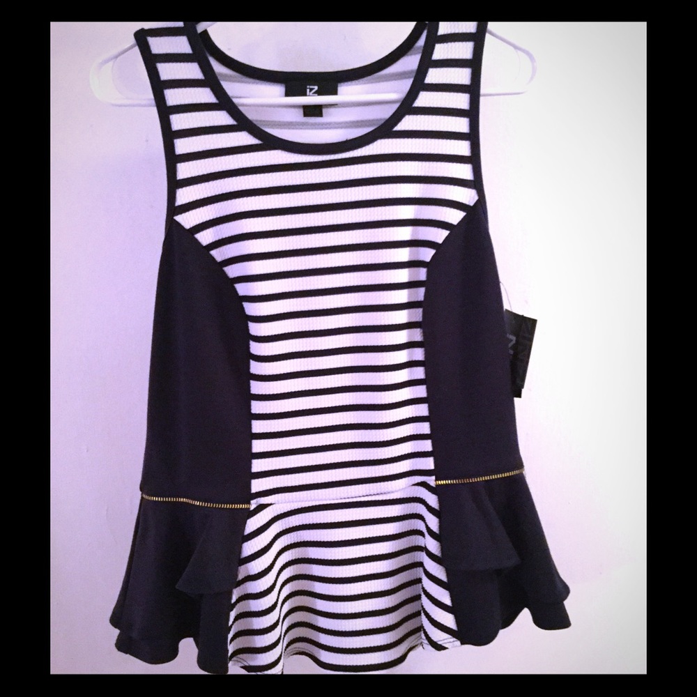 NWT IZ Byer Navy & White Striped Peplum Top