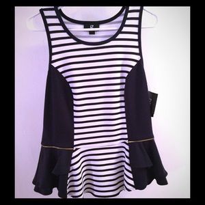 NWT IZ Byer Navy & White Striped Peplum Top
