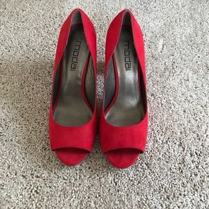 Red suede open toed heels, worn once