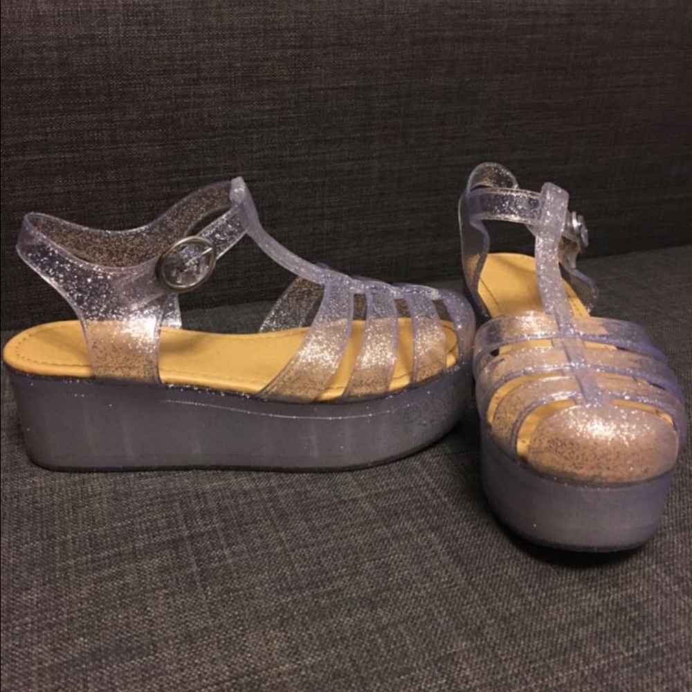 Goth kawaii Silver glitter platform jellies