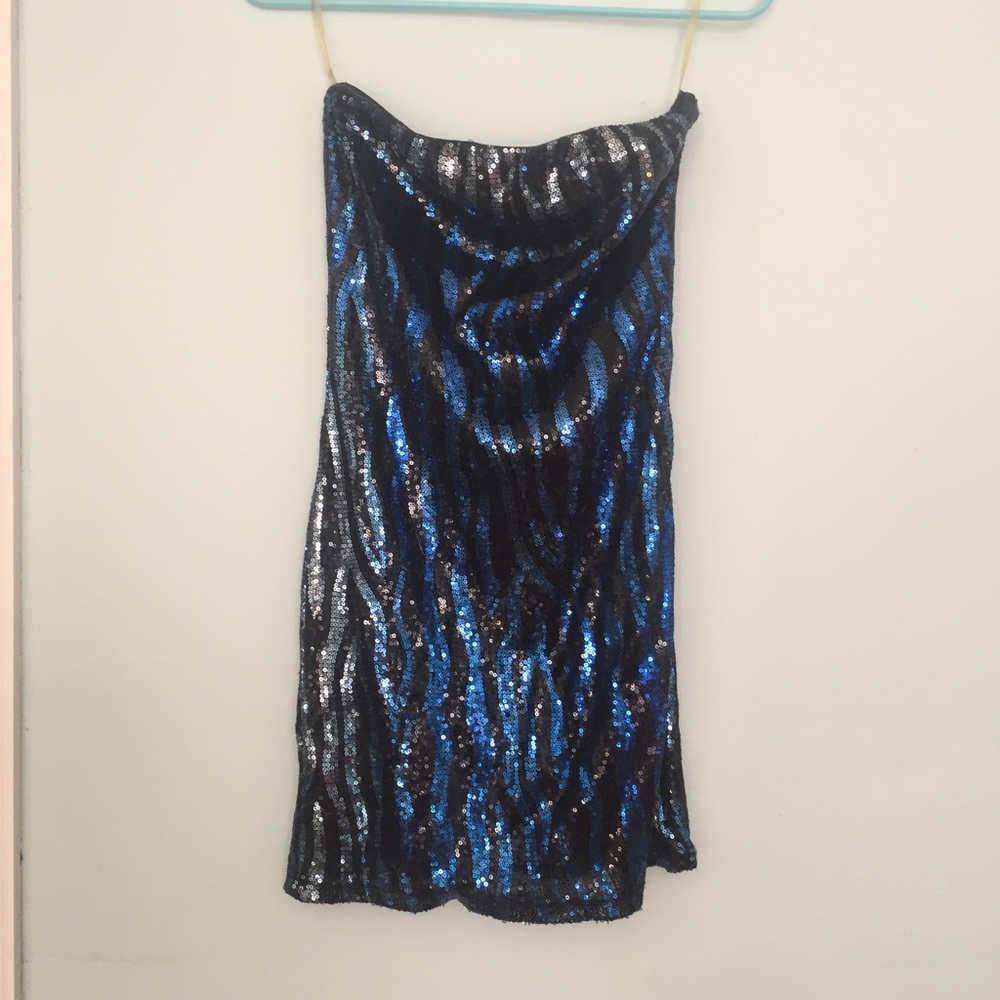 Blue & black striped strapless sequin dress