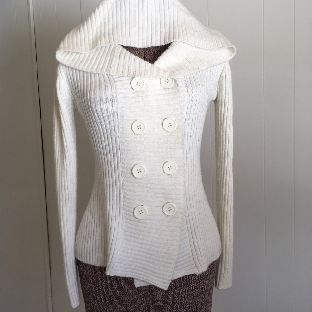White double breasted button up hoodie sweater.