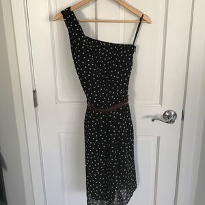 One shoulder black polka dot dress