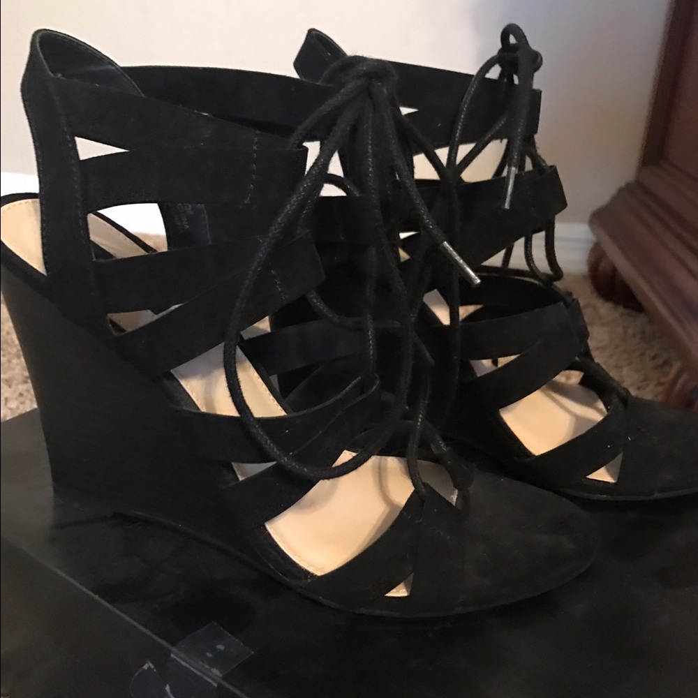 Black Wedge Lace Up Heels