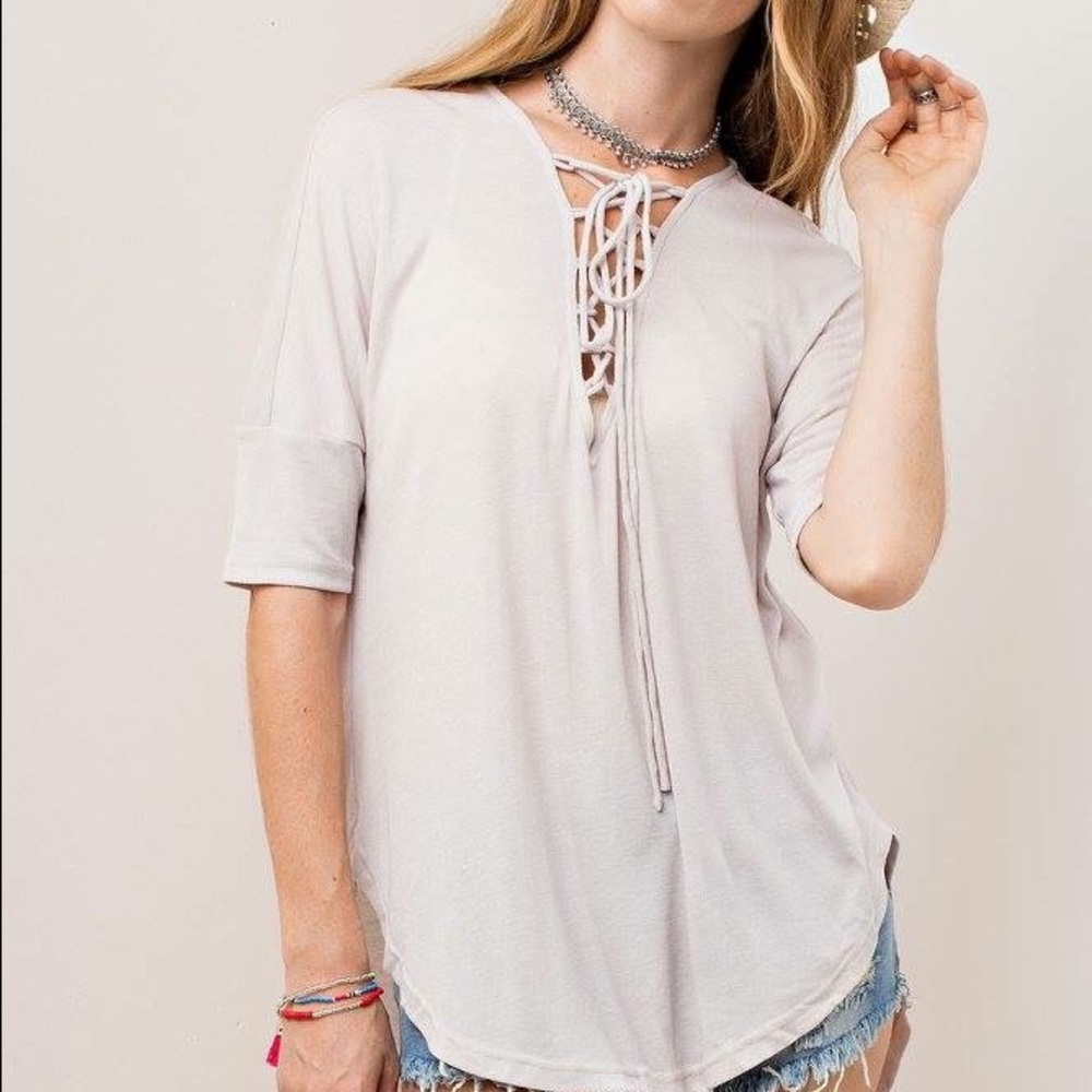 1 Left! *Clearance* Cotton Lace Up Top in Stone