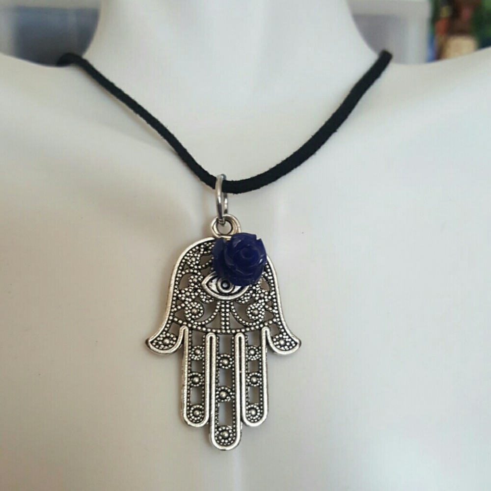 Hamsa blue rose pendant on black  cord necklace