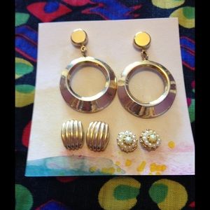 3 pair gold colored vintage earring bundle