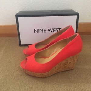 Nine West Orange Red Peep-toe Wedges