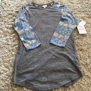 LuLaRoe Small Randy Grey body w/blue&yellow sleeve