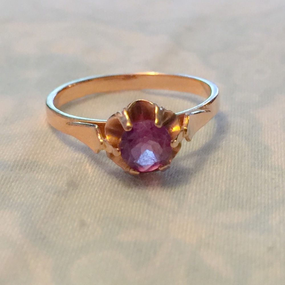 Vintage Russian Light Rose Gold Ring w/ Violet Gem