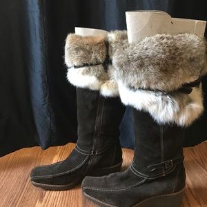 Real Italian brown leather boots with rabbit fur