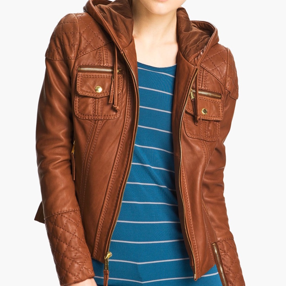 Michael Kors Luggage Brown Leather Hooded Jacket