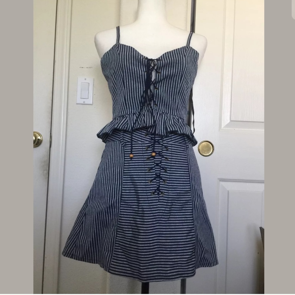 LF navy striped lace up two piece set