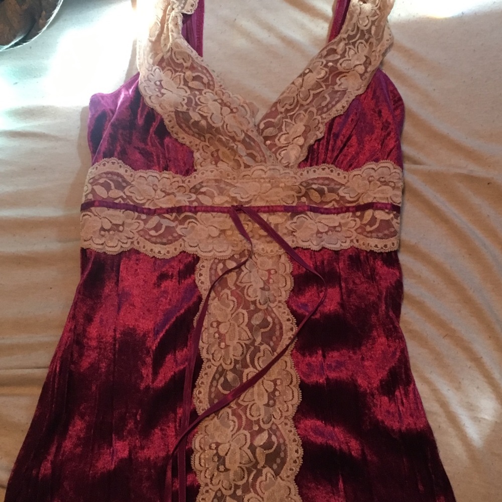 Cute burgundy velvet tan lace shirt