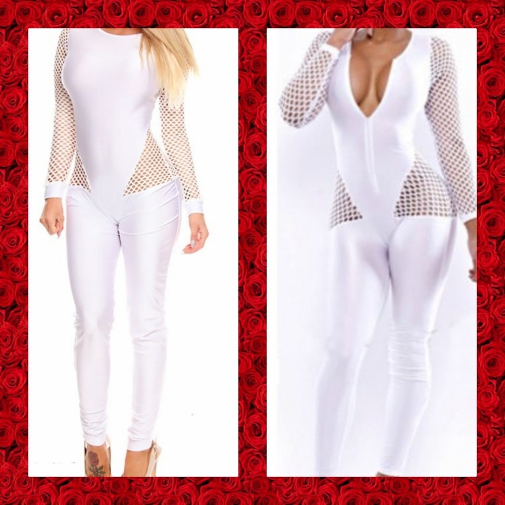 Long Sleeve Fishnet Design White 👼 angel Jumpsuit