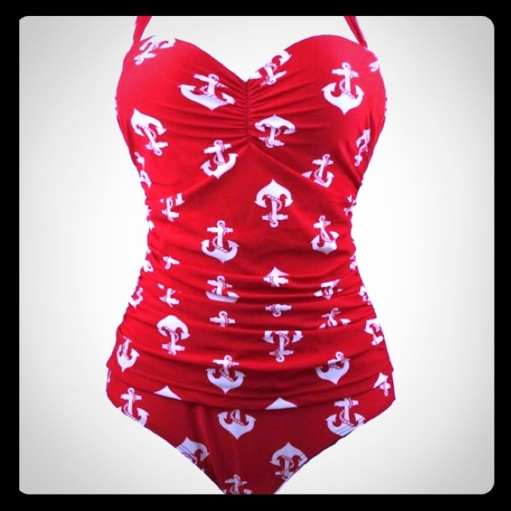 Red one piece halter top swimsuit