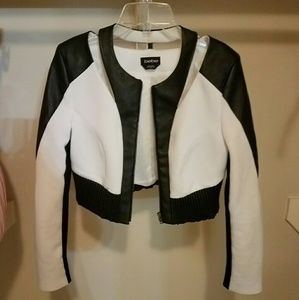 Cropped white and black moto jacket with cutouts