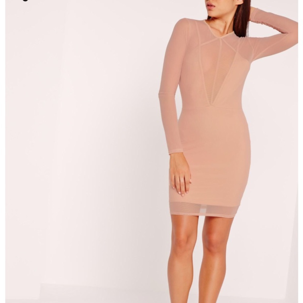 long sleeve mesh overlay harness dress nude