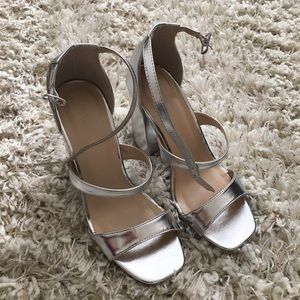 Silver ankle strap block heels