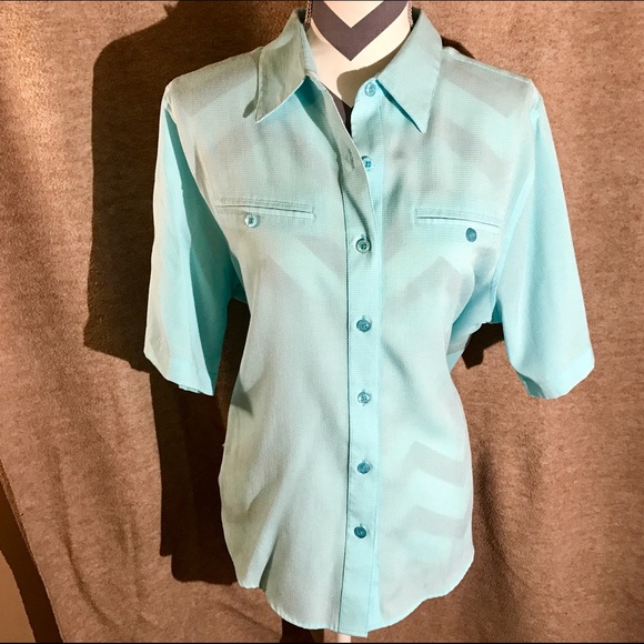 CJ Banks Lt Teal Button Down Short Sleeve Top XL - Picture 1 of 4